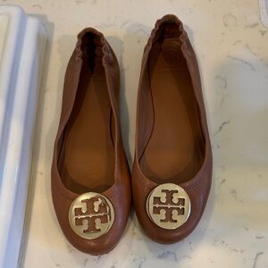 Tory Burch Tan Leather Flats with Gold Logo
